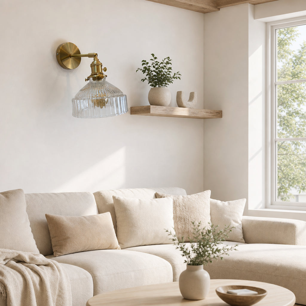 Arandela de Parede Vidro Canelado Braço Dourado em Sala de Estar Estilo Escandinavo - Vittara Decor