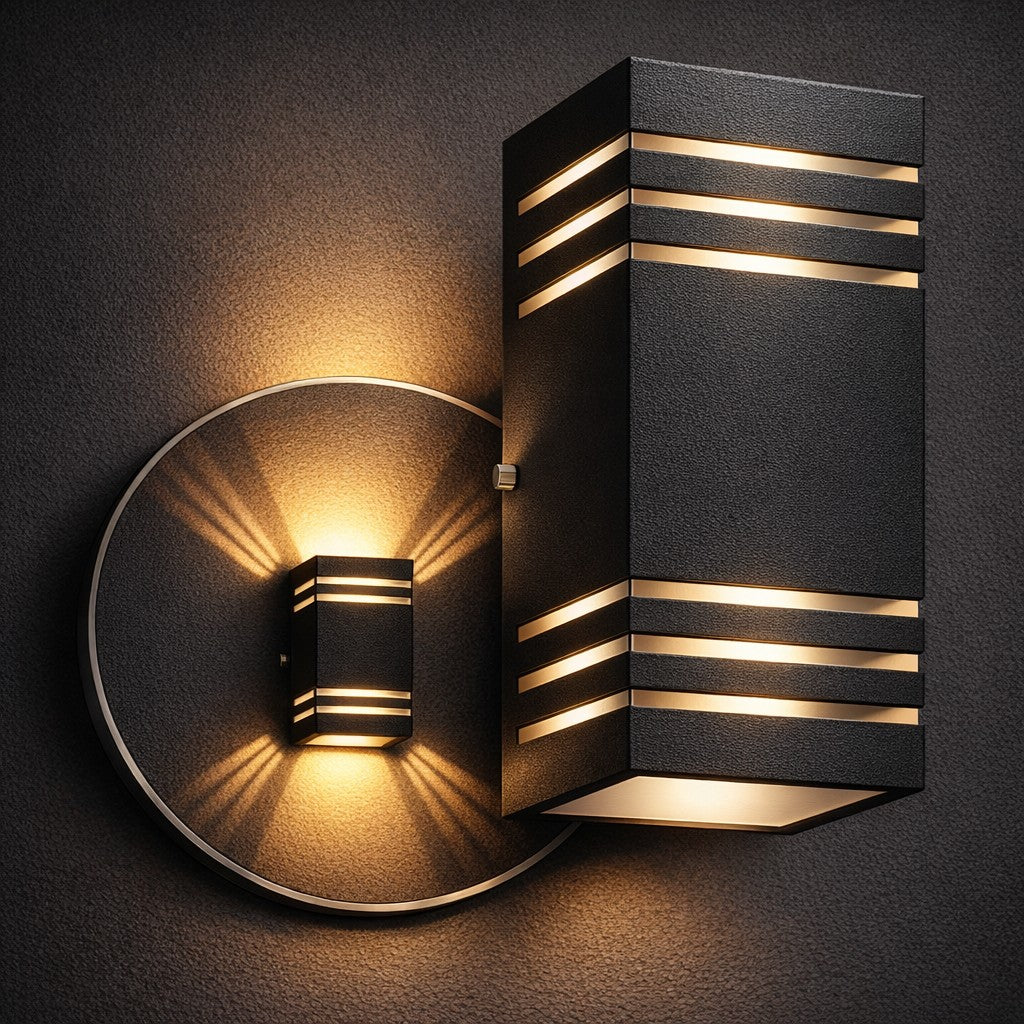 Arandela 6 frisos preta com luz saindo pelos frisos em parede texturizada - Vittara Decor