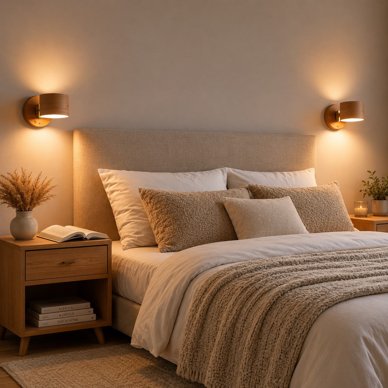 Duas arandelas LED acesas na cabeceira da cama para leitura - Vittara Decor