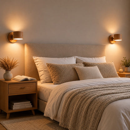 Duas arandelas LED acesas na cabeceira da cama para leitura - Vittara Decor
