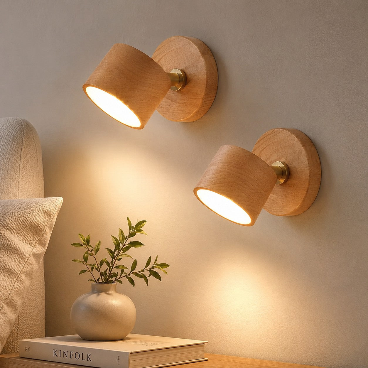 Kit com 2 arandelas LED de madeira acesas na parede do quarto - Vittara Decor