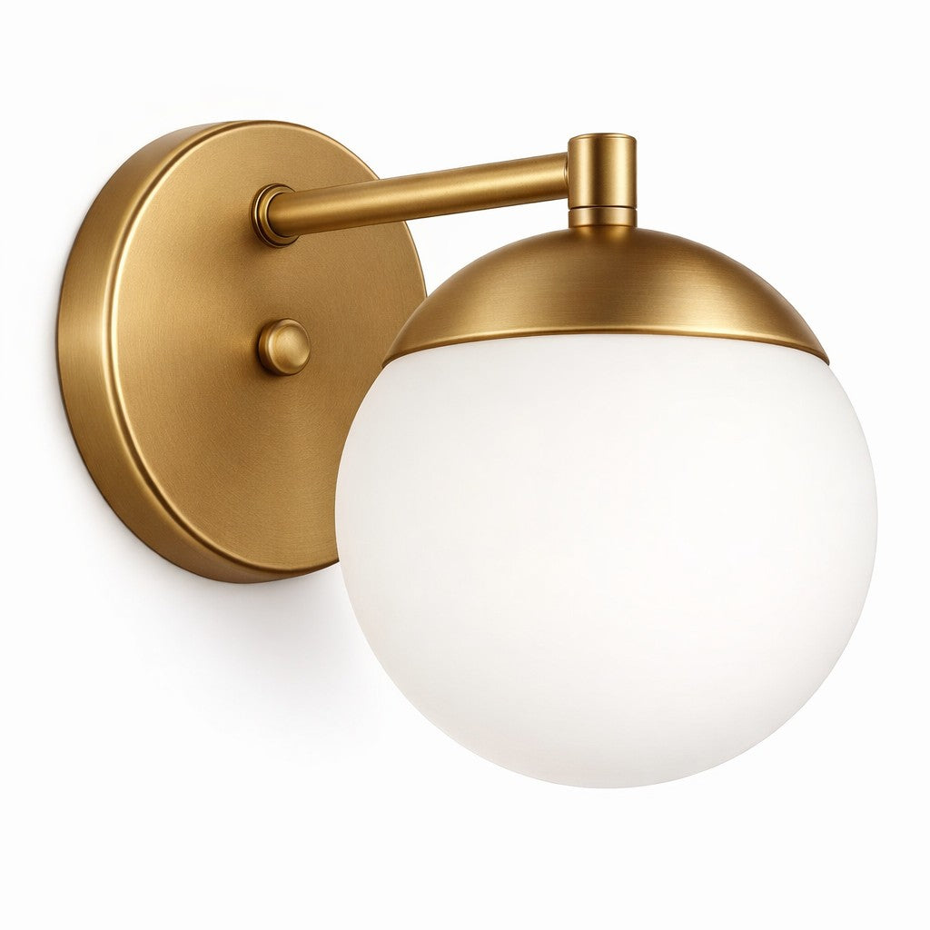 Detalhe do copo dourado segurando o globo de vidro branco da arandela - Vittara Decor