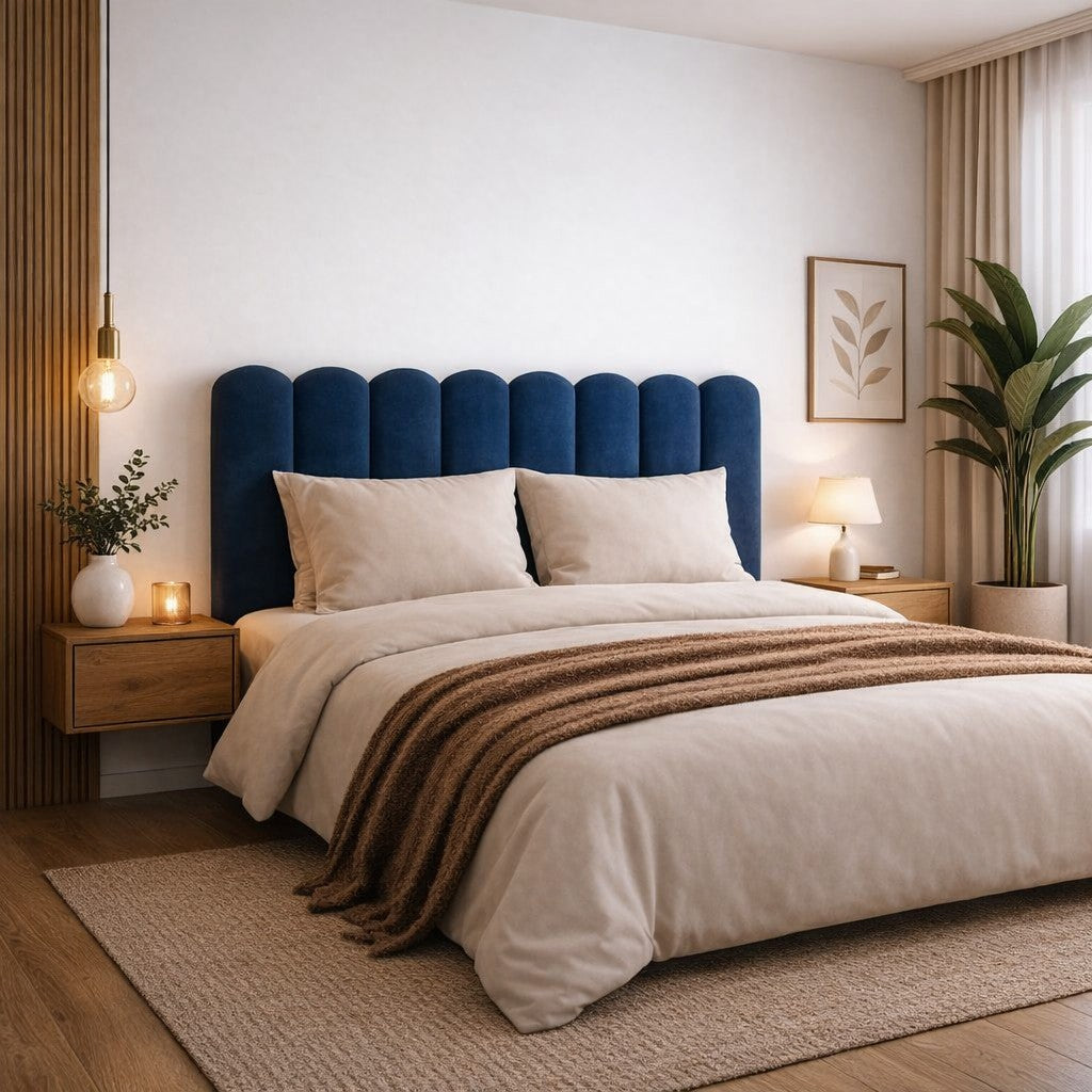 Cabeceira modulada adesiva em quarto de casal com planta e luz natural da janela - Vittara Decor