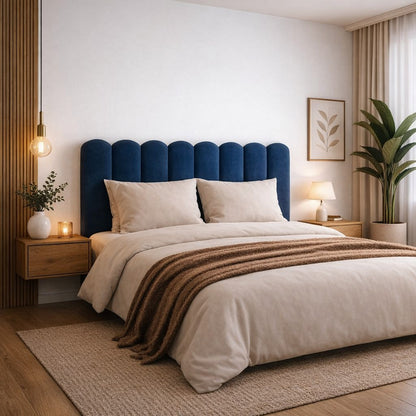Cabeceira modulada adesiva em quarto de casal com planta e luz natural da janela - Vittara Decor