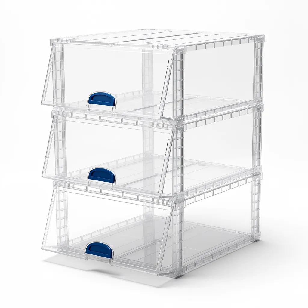 Kit 3 unidades caixa organizadora de sapatos transparente empilhável com puxador azul fundo branco - Vittara Decor