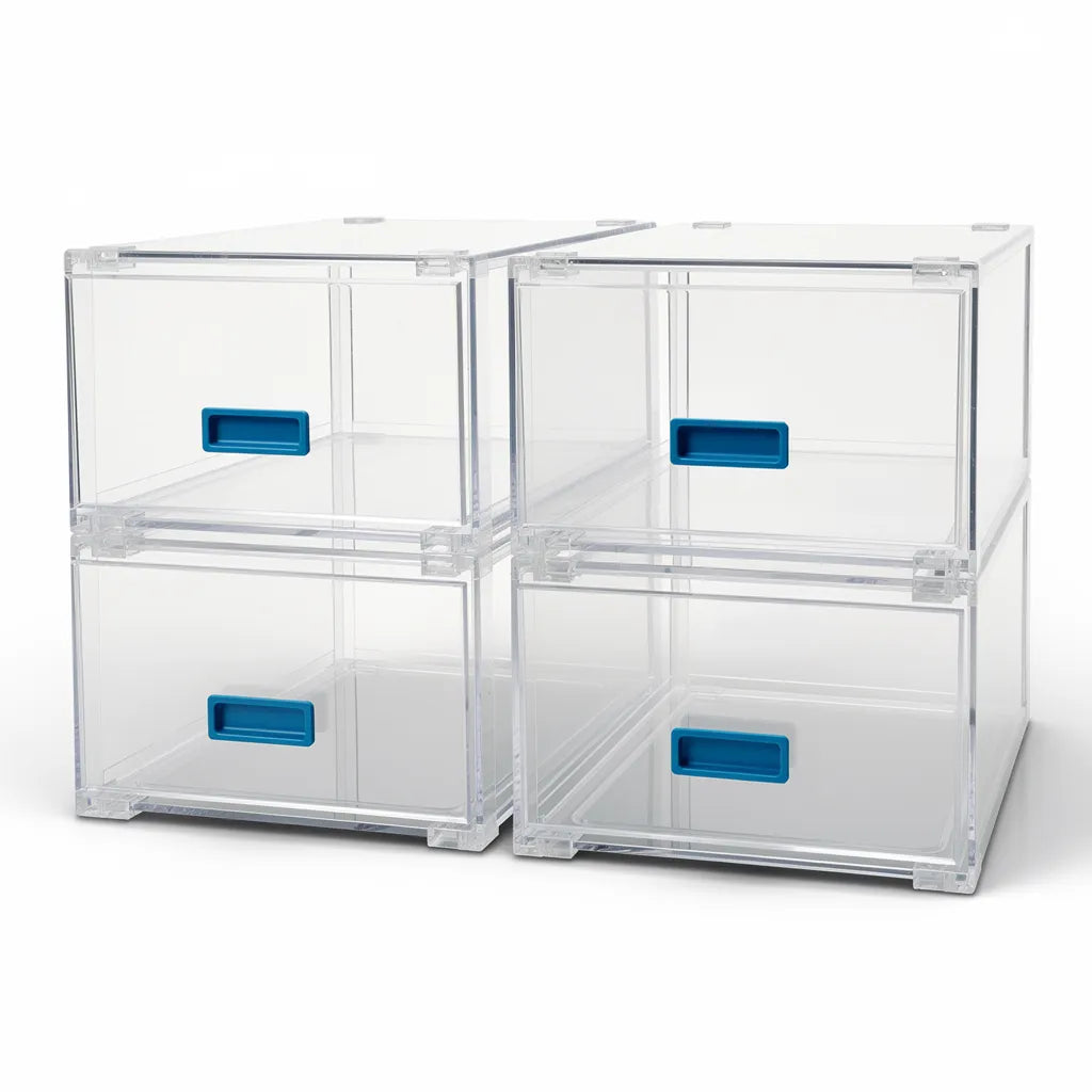 Kit 4 unidades caixa organizadora de sapatos transparente empilhável organizada em grade 2x2 fundo branco - Vittara Decor