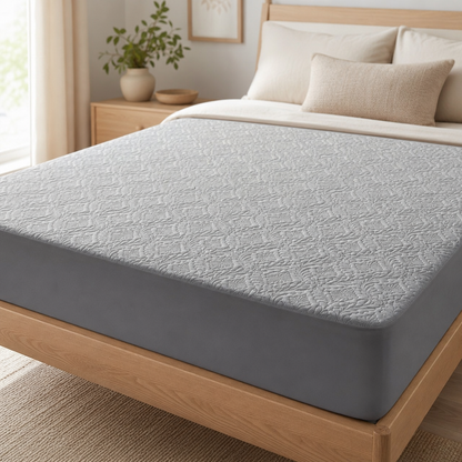 Capa de colchão impermeável matelada cinza em quarto luminoso pela manhã - Vittara Decor