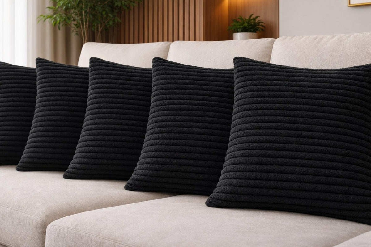 Capa de almofada 43x43 canelada preta em sofá claro de sala de estar - Vittara Decor