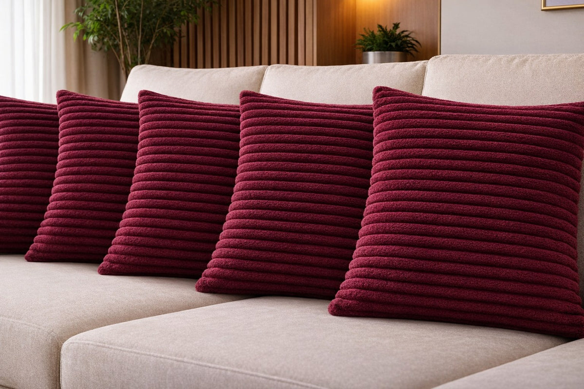 Capas de almofada 43x43 caneladas vinho contrastando com o sofá bege da sala - Vittara Decor