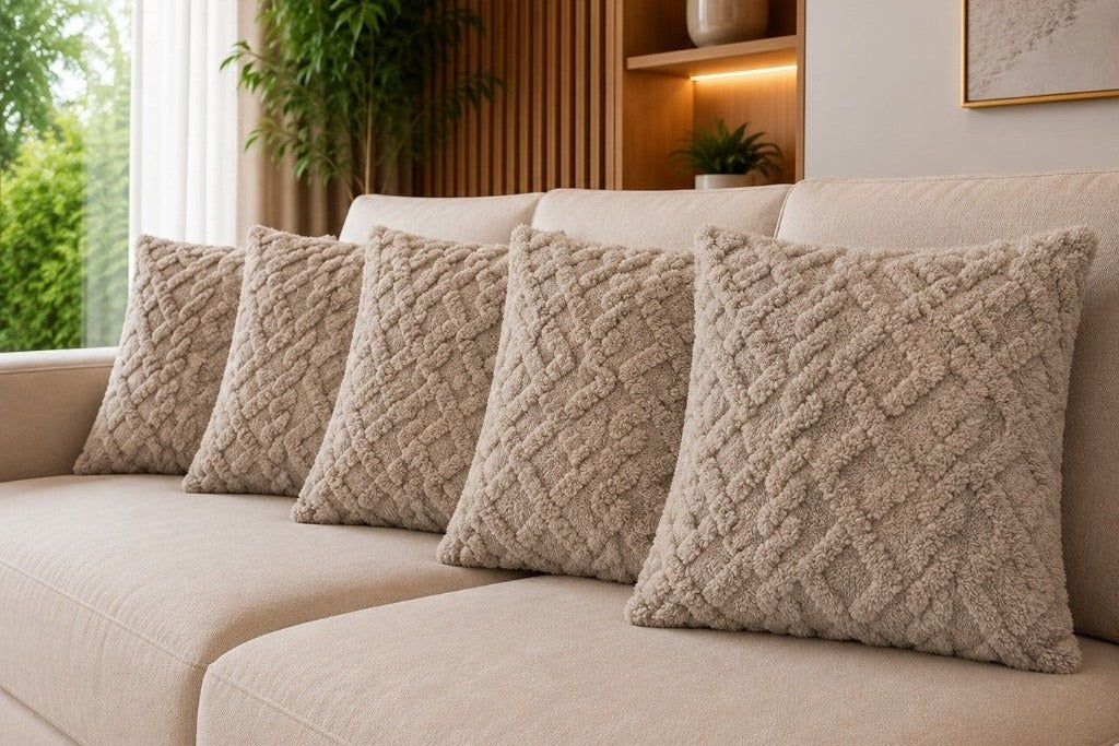 Capa de almofada 43x43 trançada bege em sofá claro com prateleira ao fundo - Vittara Decor