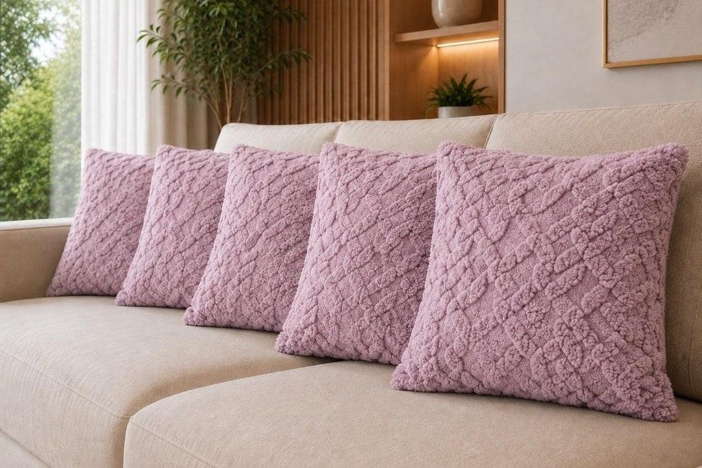 Capa de almofada 43x43 trançada rosê em sofá bege de sala com janela - Vittara Decor