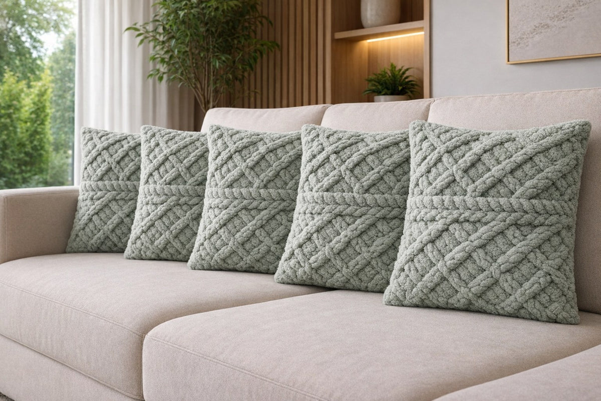 Capa de almofada 43x43 trançada verde sálvia em sofá claro de sala - Vittara Decor