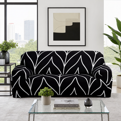 Capa de Sofá Elástica Estampada preta em apartamento contemporâneo com mesa de centro de vidro - Vittara Decor