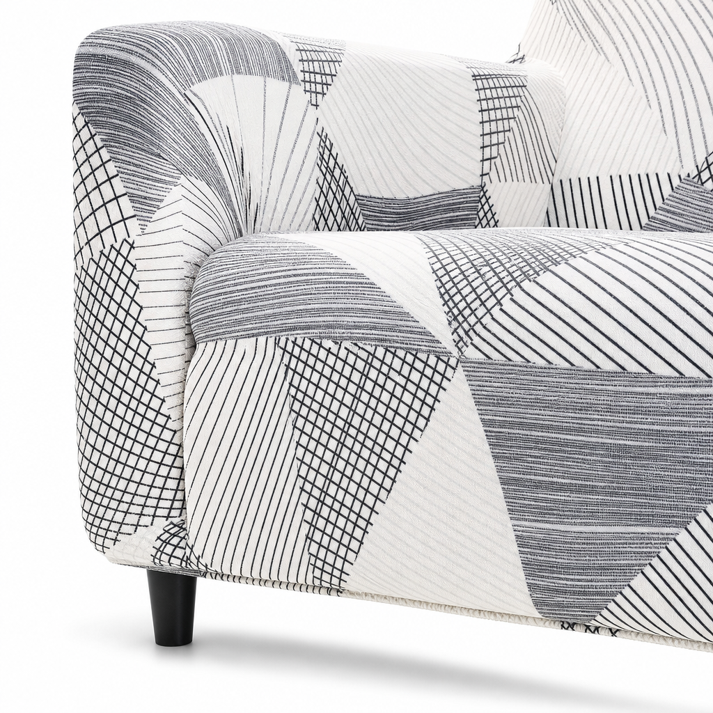 Detalhe do encaixe elástico da capa de sofá estampada na base do sofá - Vittara Decor