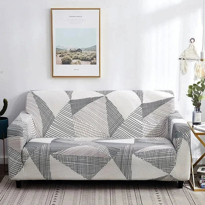 Capa de Sofá Elástica Estampada com padrão geométrico branco e cinza em sala minimalista - Vittara Decor