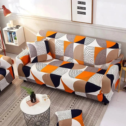 Capa de Sofá Elástica Estampada com padrão geométrico laranja em sala de estar - Vittara Decor