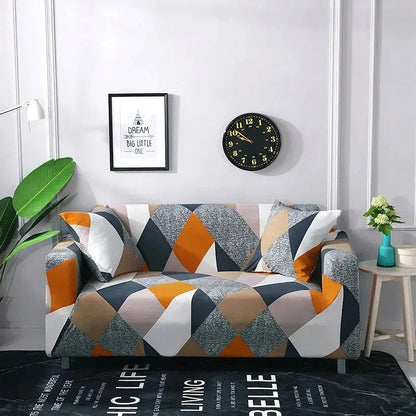 Capa de Sofá Elástica Estampada preta com folhas brancas em sala de estar branca - Vittara Decor