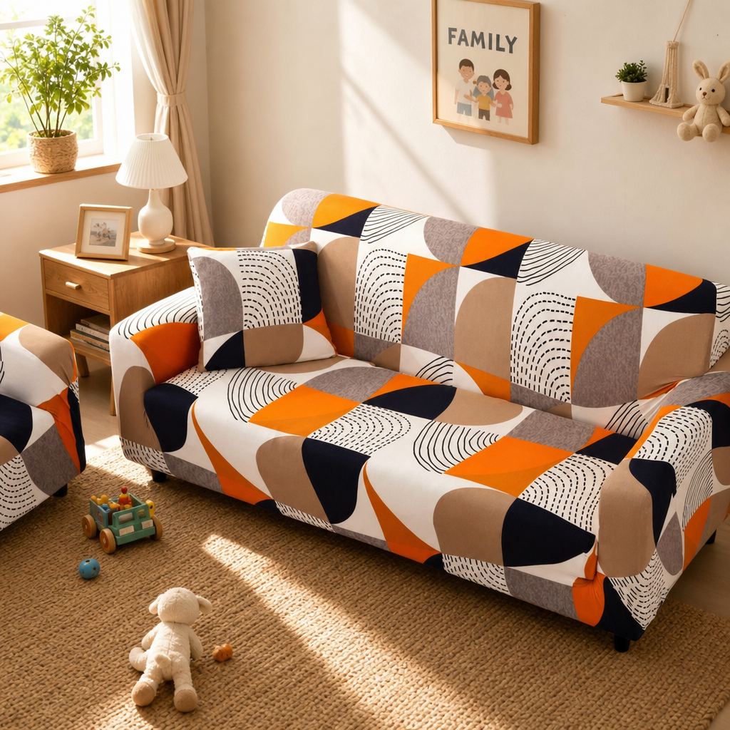 Capa de Sofá Elástica Estampada com padrão laranja em sala familiar durante uso cotidiano - Vittara Decor