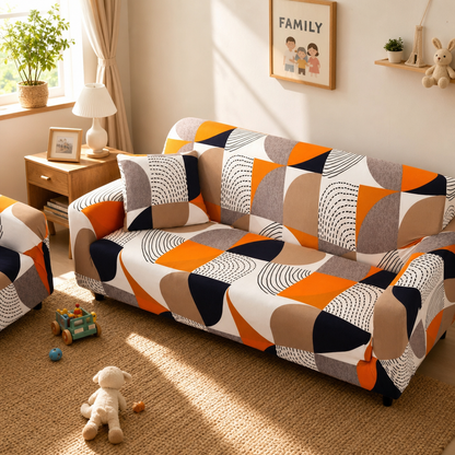 Capa de Sofá Elástica Estampada com padrão laranja em sala familiar durante uso cotidiano - Vittara Decor