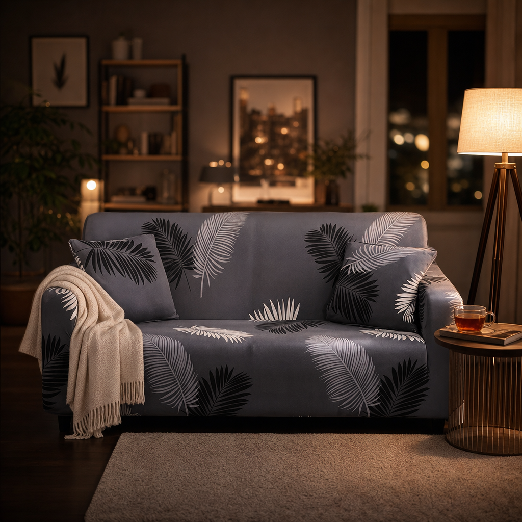 Capa de Sofá Elástica Estampada com folhas cinzas em sala aconchegante com iluminação noturna e manta - Vittara Decor