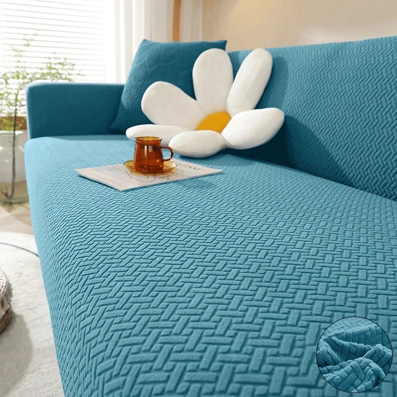 Capa de Sofá Elástica Jacquard azul petróleo em sala colorida - Vittara Decor
