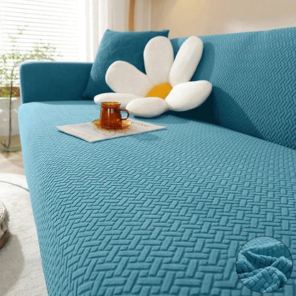 Capa de Sofá Elástica Jacquard azul petróleo em sala colorida - Vittara Decor
