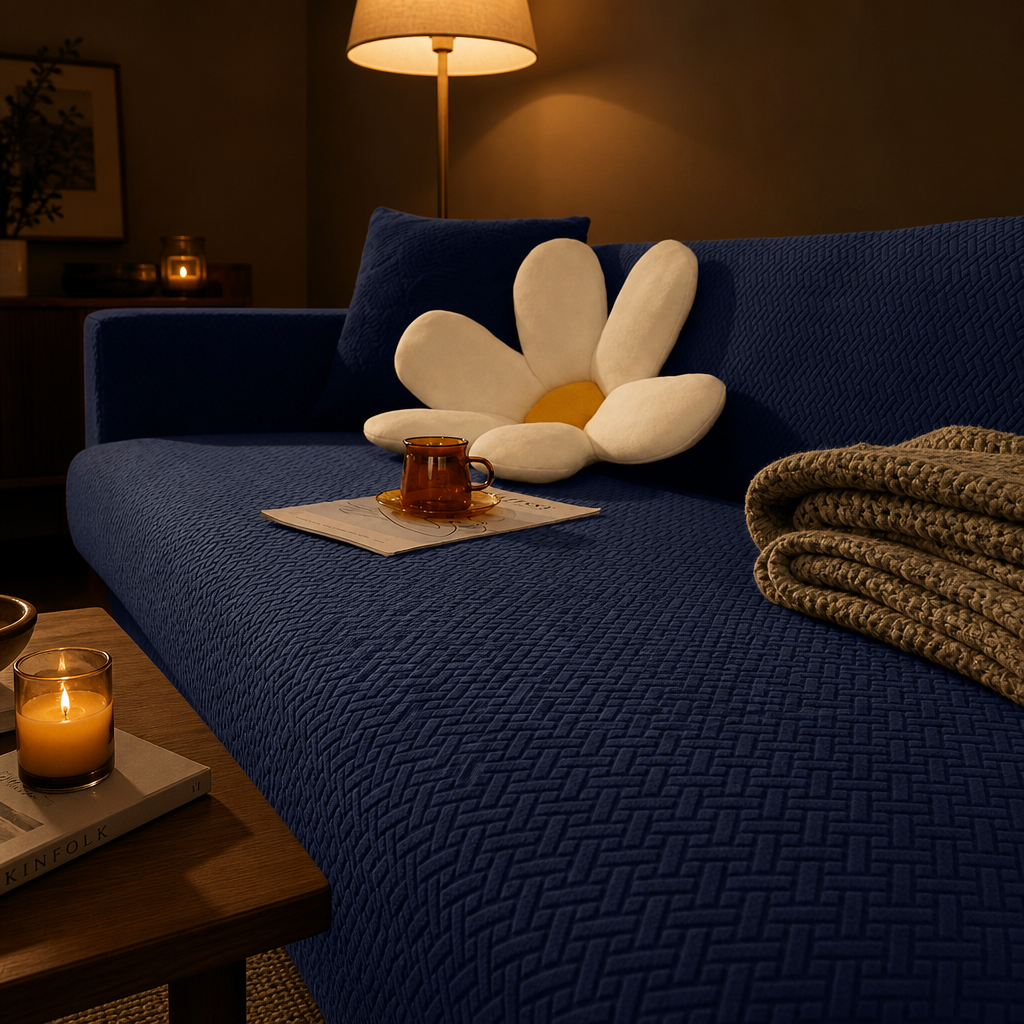 Capa de Sofá Elástica Jacquard azul em sala noturna aconchegante com luminária de chão - Vittara Decor
