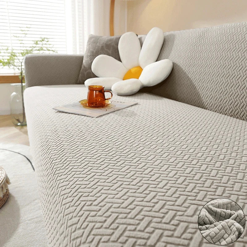 Capa de Sofá Elástica Jacquard bege em sala estilo escandinavo - Vittara Decor