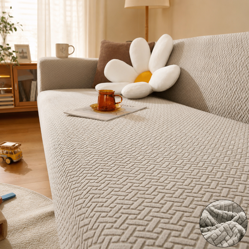 Capa de Sofá Elástica Jacquard bege em sala familiar com luz matinal e uso diário - Vittara Decor