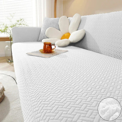Capa de Sofá Elástica Jacquard branca em sala minimalista clara - Vittara Decor