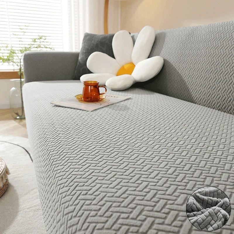Capa de Sofá Elástica Jacquard cinza claro em sala contemporânea - Vittara Decor