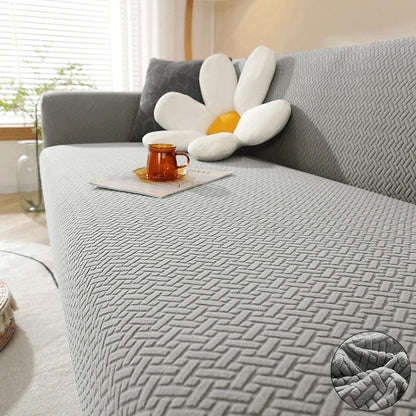 Capa de Sofá Elástica Jacquard cinza claro em sala contemporânea - Vittara Decor