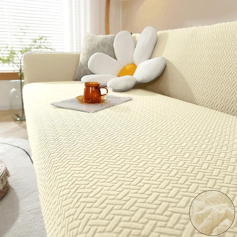 Capa de Sofá Elástica Jacquard off-white em sala luminosa e arejada - Vittara Decor