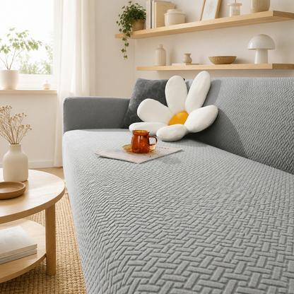 Capa de Sofá Elástica Jacquard cinza em sala escandinava com prateleiras de madeira e planta - Vittara Decor