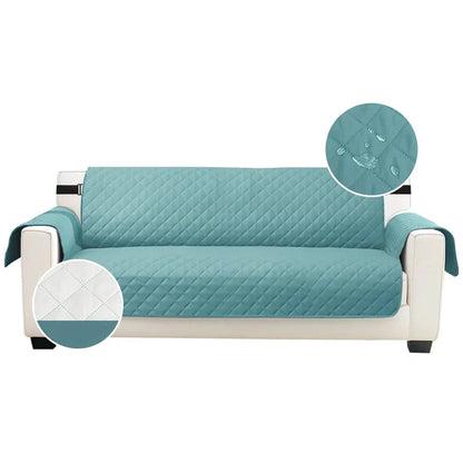 Capa Protetora Sofá Matelassê Impermeável Dupla Face azul fundo branco com detalhe impermeável e dupla face - Vittara Decor