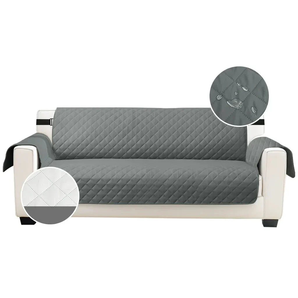 Capa Protetora Sofá Matelassê Impermeável Dupla Face cinza fundo branco com detalhe impermeável e dupla face - Vittara Decor