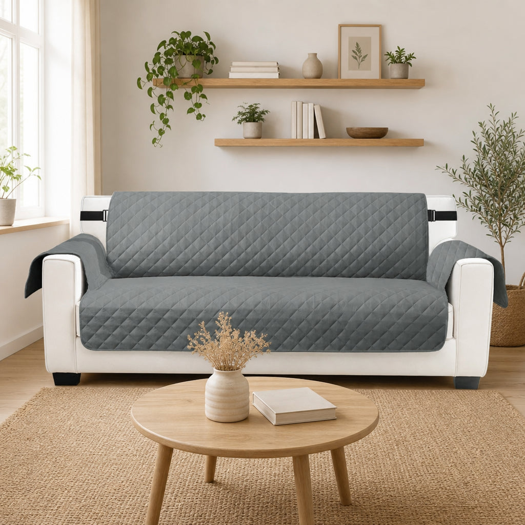 Capa Protetora Sofá Matelassê Impermeável Dupla Face cinza em sala escandinava com prateleiras de madeira e planta - Vittara Decor