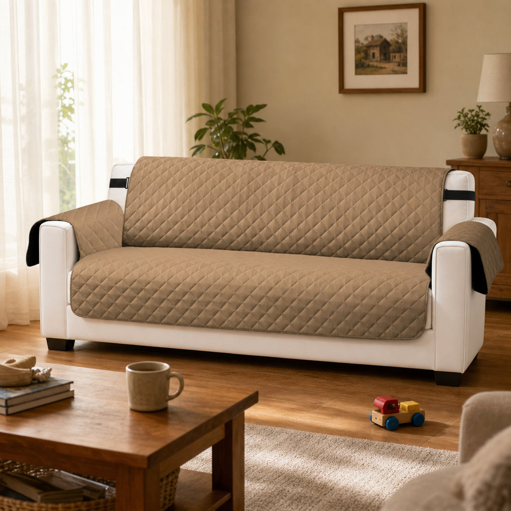 Capa Protetora Sofá Matelassê Impermeável Dupla Face marrom em sala familiar com luz matinal - Vittara Decor