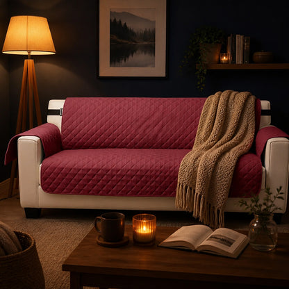 Capa Protetora Sofá Matelassê Impermeável Dupla Face vinho em sala noturna aconchegante com luminária de chão - Vittara Decor