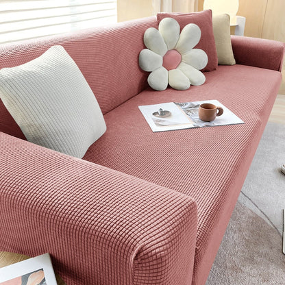 Vista traseira da capa de sofá ajustável em jacquard resistente - Vittara Decor