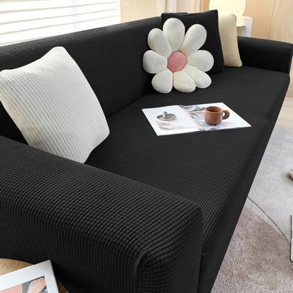 Visual completo da capa de sofá ajustável em jacquard resistente no sofá - Vittara Decor