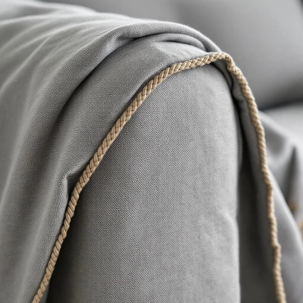 Detalhe do caimento e borda trançada bege da capa de sofá cinza — Vittara Decor