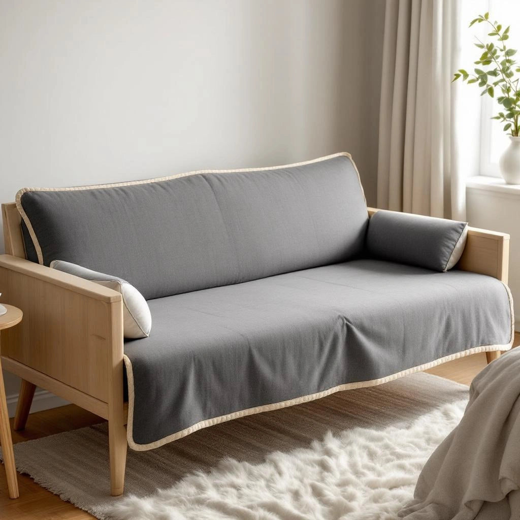 Capa de sofá antiderrapante cinza algodão-linho em quarto moderno — Vittara Decor