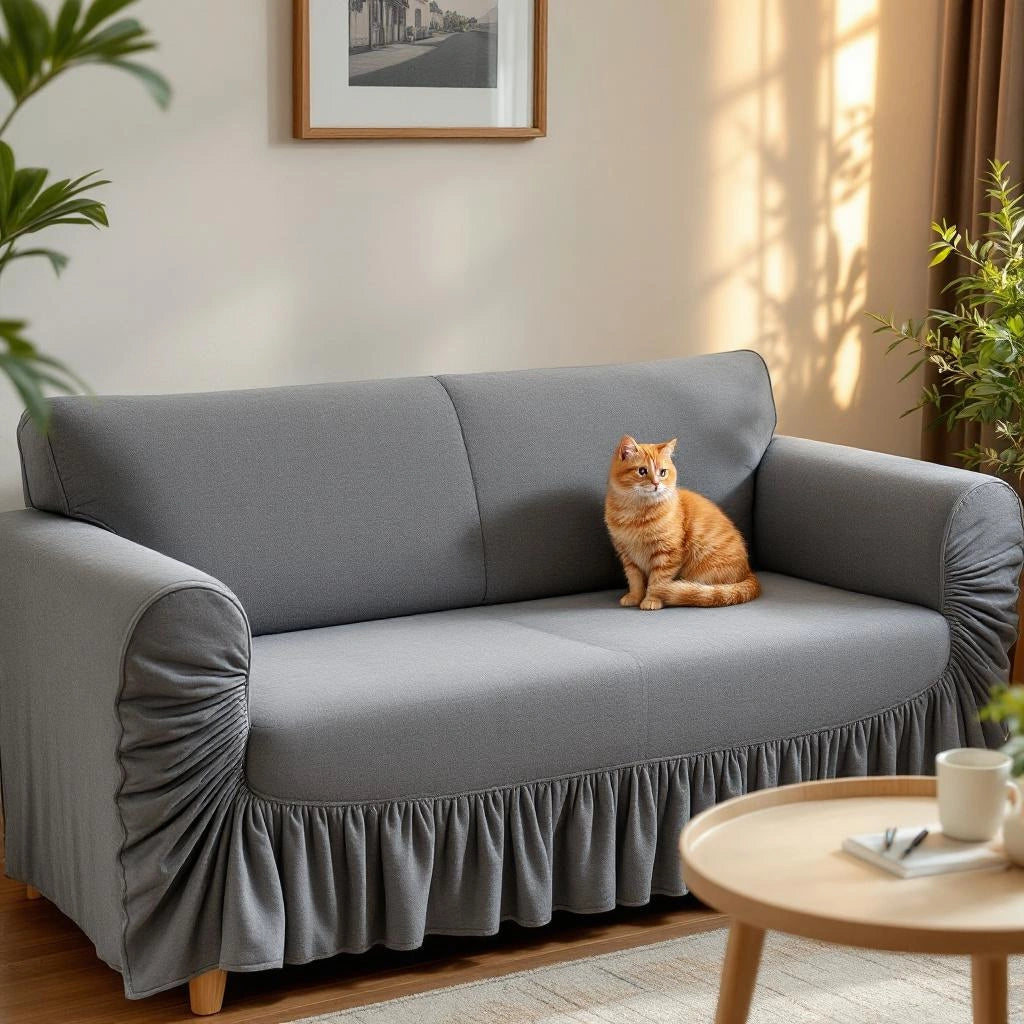 Capa de sofá elástica cinza com gato sobre o sofá protegido — Vittara Decor