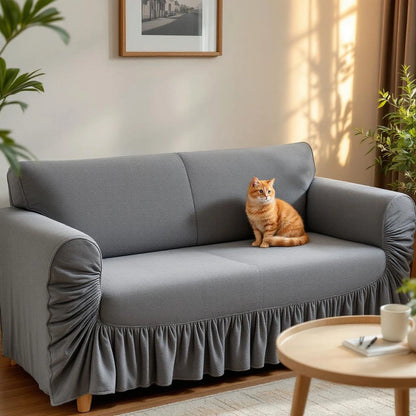 Capa de sofá elástica cinza com gato sobre o sofá protegido — Vittara Decor