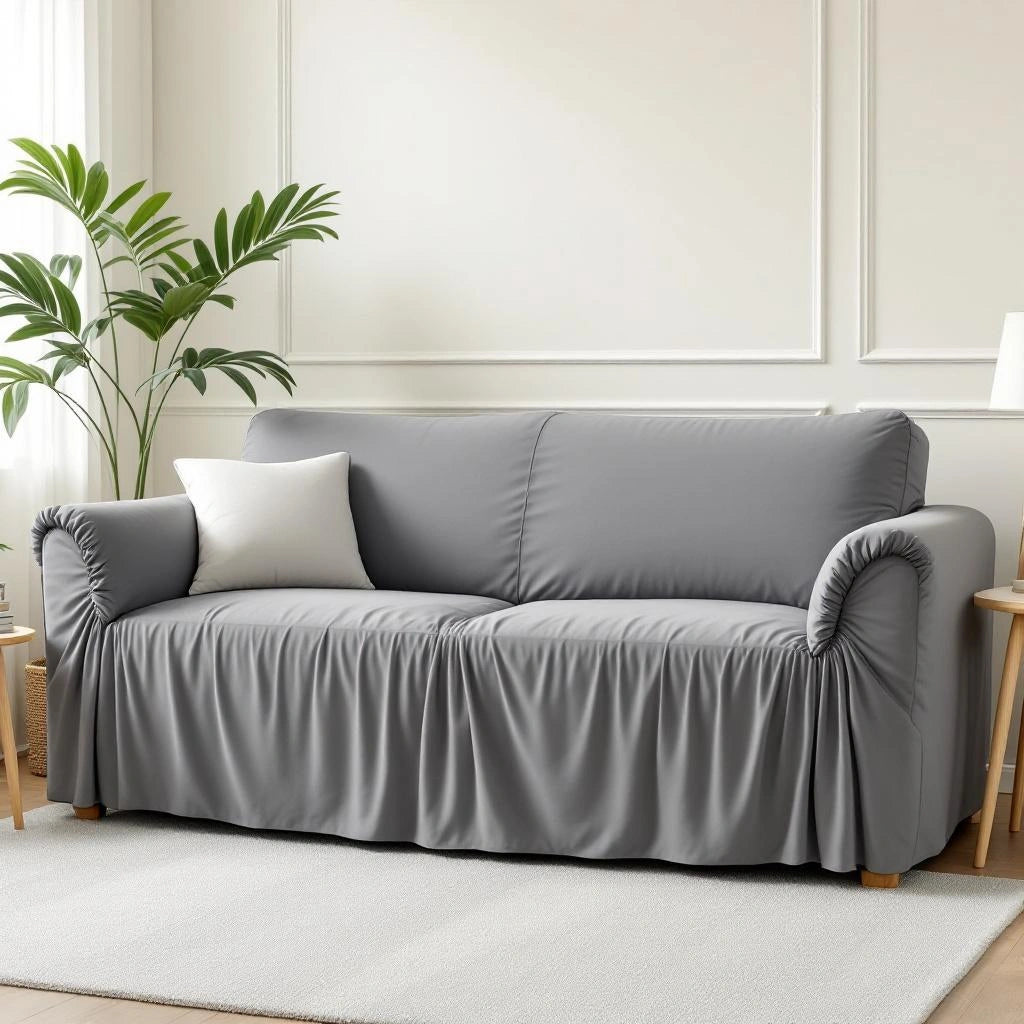 Capa de sofá elástica cinza em sala nórdica — Vittara Decor