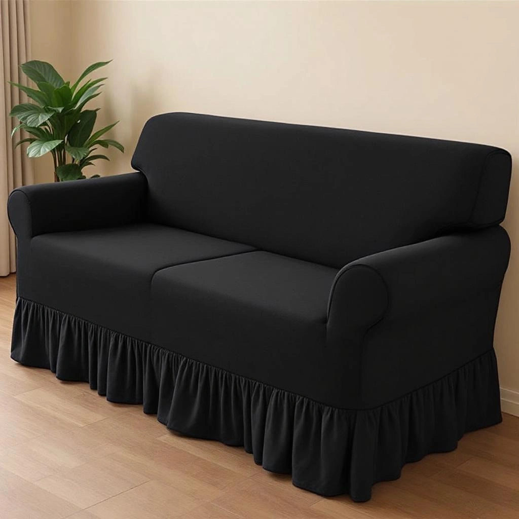 Capa de sofá elástica preta em sofá de 2 lugares estilo franzido — Vittara Decor