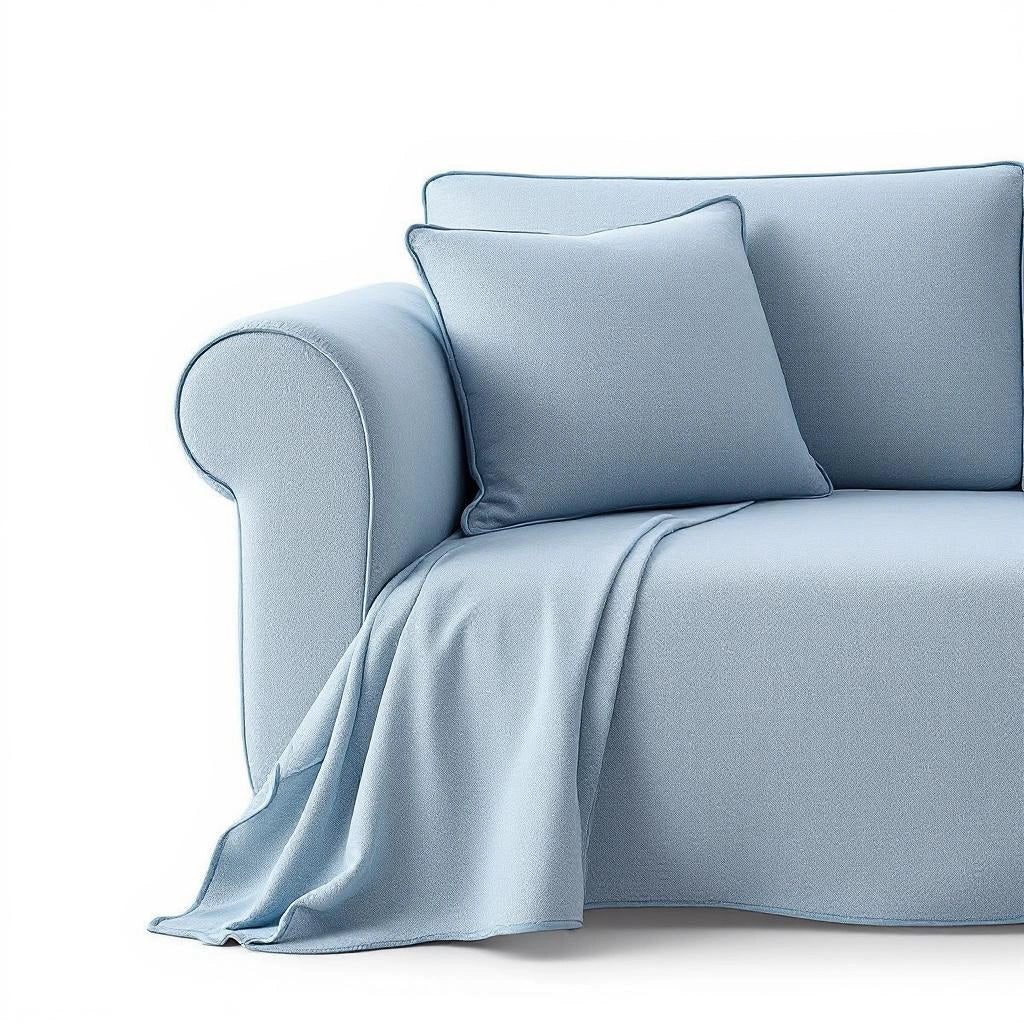 Capa de sofá Jacquard azul claro dobrada fundo branco - Vittara Decor