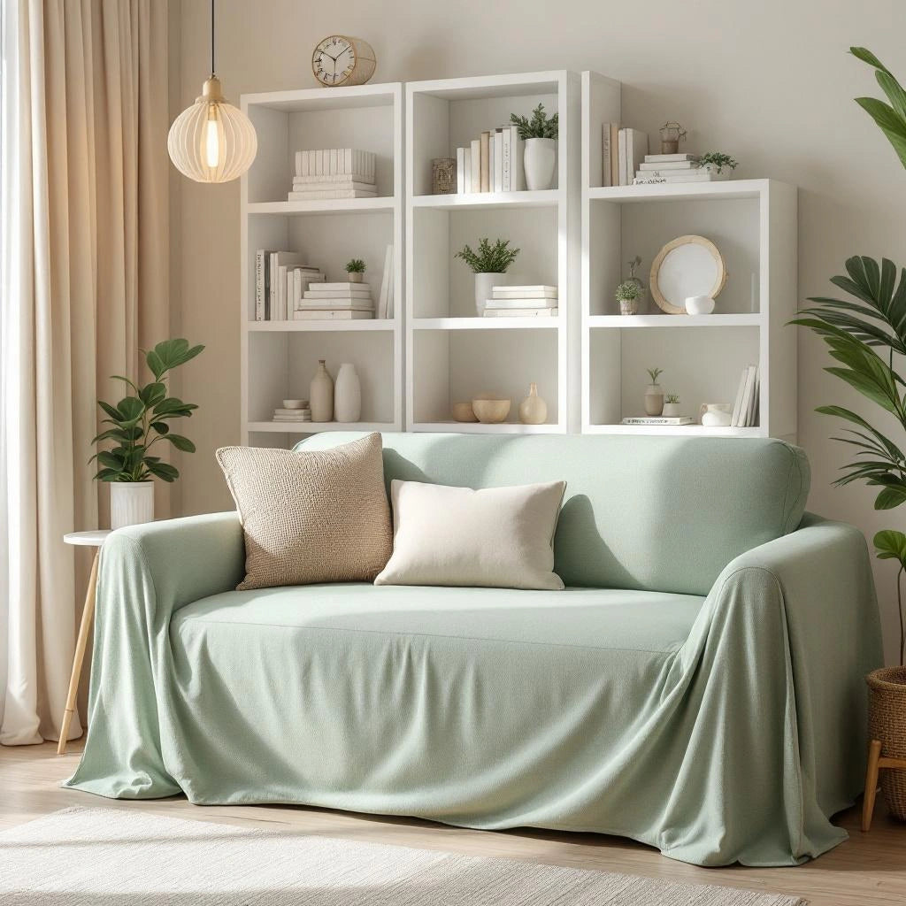 Capa de sofá Jacquard verde matcha em canto de leitura home office - Vittara Decor