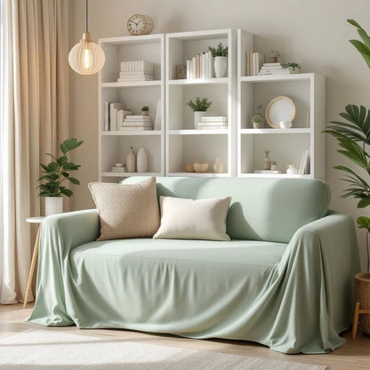 Capa de sofá Jacquard verde matcha em canto de leitura home office - Vittara Decor
